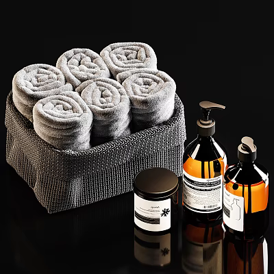 Stylish Bathroom Accessories With Rolled Towels Storage Basket Soap Bottles And Jar For Modern Decor 3d model