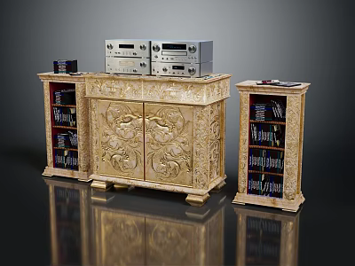 Golden Carved Console Table With Electronic Devices And Side Cabinets On Both Sides 3d model