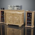 Golden Carved Console Table With Electronic Devices And Side Cabinets On Both Sides