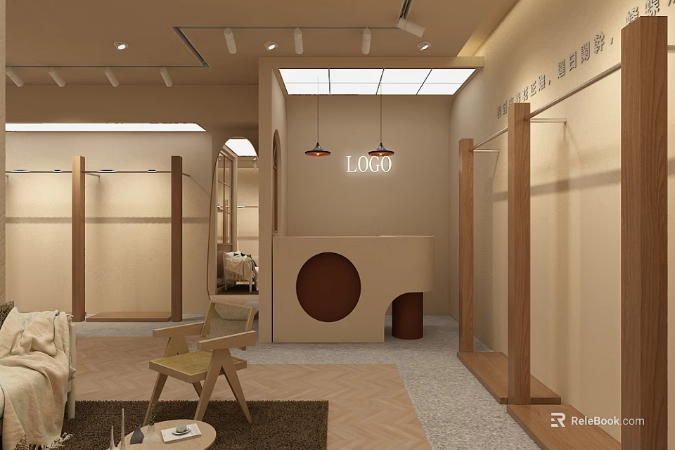 Modern Cozy Clothing Store Interior With Wooden Racks Round Decor Hanging Lights And Mirrors 3d model 