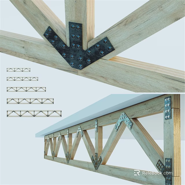 Wooden Wall Decor With Metal Brackets Bolts And Various Truss Designs 3d model 