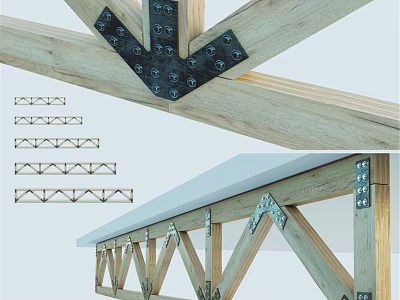 Wooden Wall Decor With Metal Brackets Bolts And Various Truss Designs 3d model