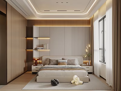 Modern Bedroom Interior Design With Panel Headboard Nightstands Window Lighting And Rug 3d model