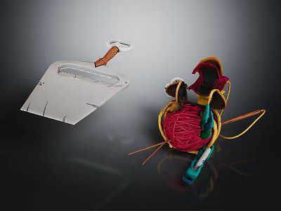 Knitting Tools With Red Yarn In Basket And Green Needles 3d model