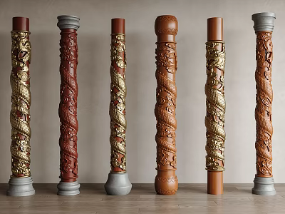 Carved Decorative Columns Showcasing Various Designs Gold Accents And Diverse Color Finishes 3d model