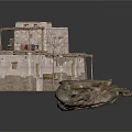 Traditional Stone Building Two Story Structure With Wooden Awnings And Stone Piles