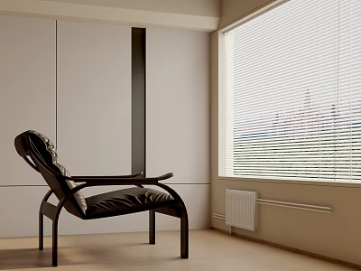 Stylish Dark Leather Leisure Chair In Minimalist Indoor Space With Venetian Blinds And Light Colored Walls 3d model