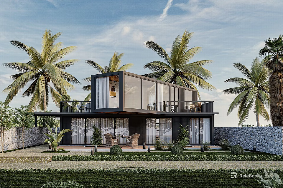 Modern Detached Villa With Glass Facade Balcony And Palm Trees Landscaped Garden 3d model 