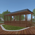 Outdoor Wooden Pergola with Covered Roof and Lawn and Trees on Wooden Deck