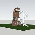 Playground Equipment With Brown Tower Stairs White Spiral Yellow Straight Slides And Green Grass