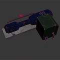 Rusted Blue Pipe With Red Valve Green Square Box With Wheels On Gray Base