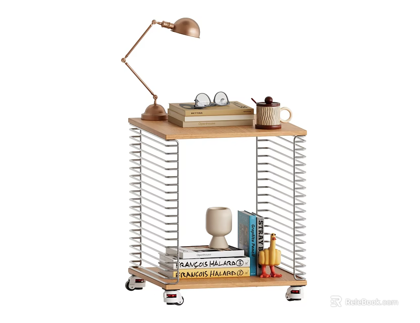 Movable Side Table With Wooden Top Metal Frame Table Lamp Books Vase And Fruits 3d model 