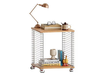 Movable Side Table With Wooden Top Metal Frame Table Lamp Books Vase And Fruits 3d model