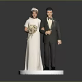 Newlywed Couple Standing In Wedding Gown And Suit With Bouquet On White Circular Base