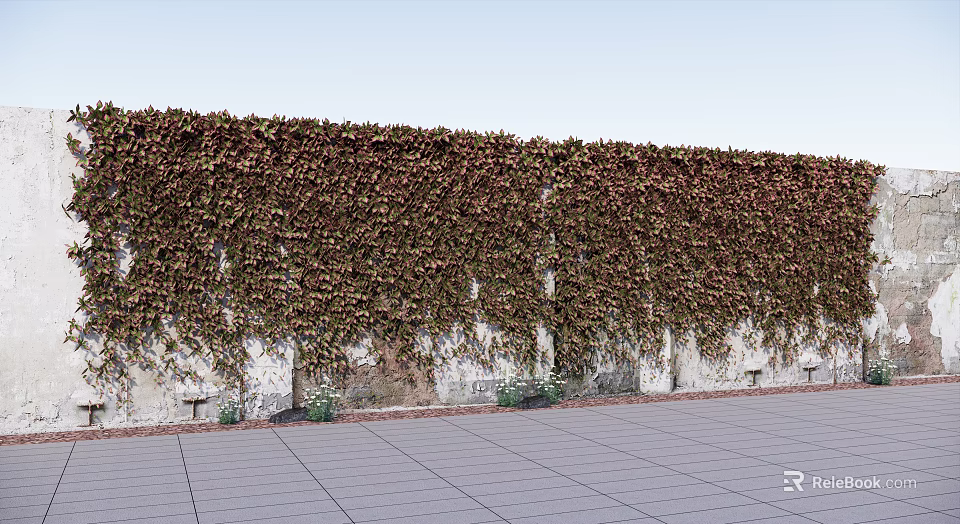 Vines Covering Stone Wall With Green Brown Leaves Small Plants At Base Gray Tiled Ground 3d model 