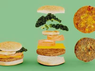 Stacked Food Ingredients With Burger Broccoli Tomato Cheese Slices And Patties On Green Background 3d model