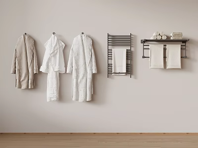Bathroom Storage Rack with Hanging Robes and Folded Towels in Organized Wall Setup 3d model