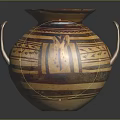 Handcrafted Ancient Pottery Vessel With Two Handles Geometric Patterns And Brown Yellow Tones