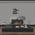 Modern Black Fireplace With Burning Flames And Marble Accent Above Colorful Artwork And Plants