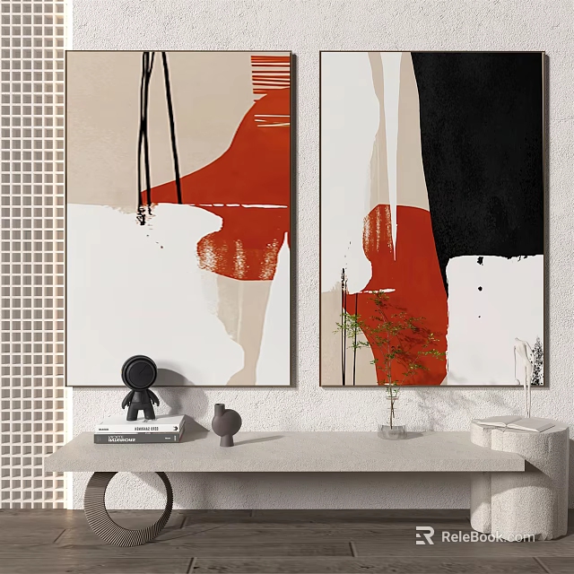 Abstract Art Paintings With Red Black Beige Tones And Interior Decor Elements 3d model