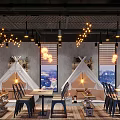 Modern Restaurant Interior With Tent Like Seating Hanging Lights And Large Windows View 3d model