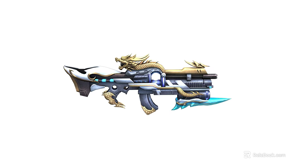 Futuristic Decorative Gun With Golden Dragon Design And Blue Accents 3d model 