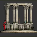 Circular Stone Garden Pavilion With Columns Ivy And Red Figure Model