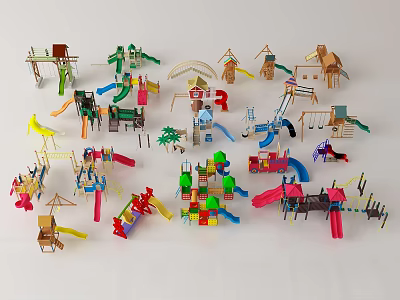 Diverse Kids Outdoor Playground Equipment Featuring Slides Swings Climbing Frames Seesaws And Sandpits 3d model