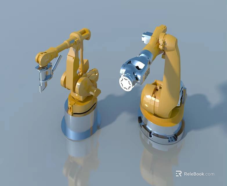 Yellow Industrial Robotic Arms With Mechanical Grippers On Reflective Surface 3d model 