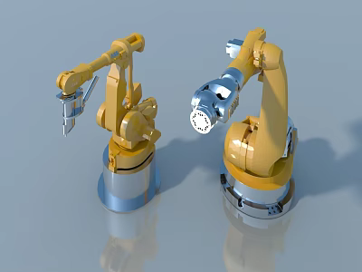 Yellow Industrial Robotic Arms With Mechanical Grippers On Reflective Surface 3d model