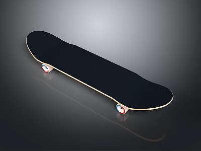 Black Skateboard Deck With Wooden Edge White Wheels And Red Blue Accents 3d model