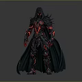 Man as Fantasy Warrior in Black Armor with Red Patterns Hood and Cloak