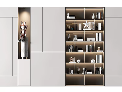 Elegant Modern Bookshelf With Layered Shelves LED Lighting And Decorative Items 3d model
