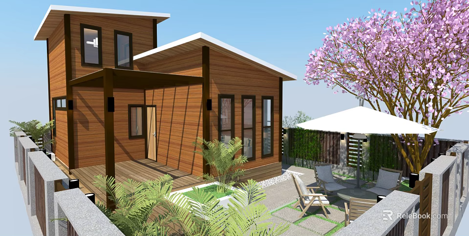 Wooden Vacation Rental Building With Deck Green Plants Outdoor Seating And Pink Flowering Tree 3d model 