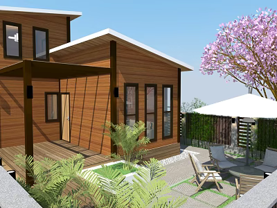 Wooden Vacation Rental Building With Deck Green Plants Outdoor Seating And Pink Flowering Tree 3d model