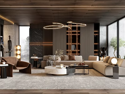 Modern Luxury Living Room Interior With Dark Wooden Ceiling Circular Pendant Lights And Large Windows 3d model