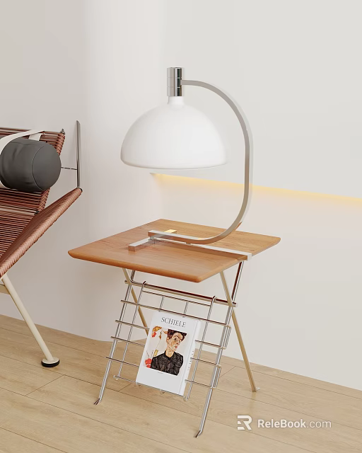 Modern White Table Lamp on Wooden Side Table with Metal Arc Stand and Magazine Underneath 3d model 