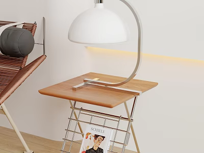 Modern White Table Lamp on Wooden Side Table with Metal Arc Stand and Magazine Underneath 3d model