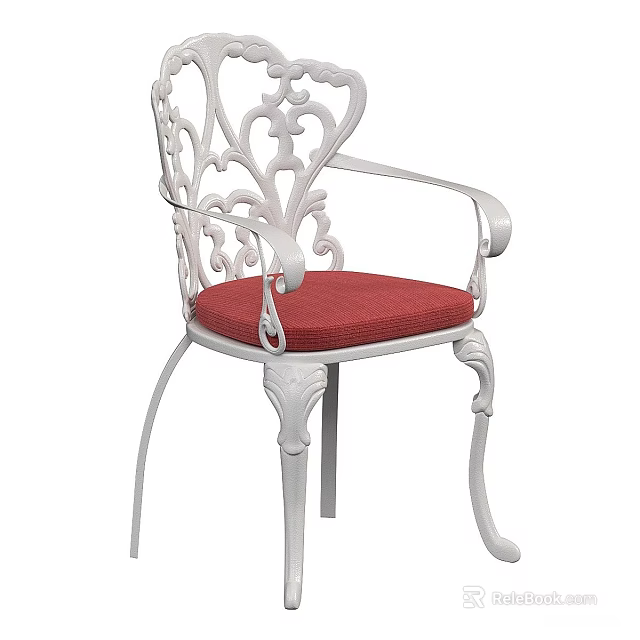 Elegant White Single Chair With Ornate Metal Frame And Red Padded Seat 3d model 