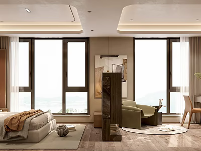 Modern Bedroom Interior Design With Large Windows Comfortable Bed Green Chair And Wooden Floor 3d model