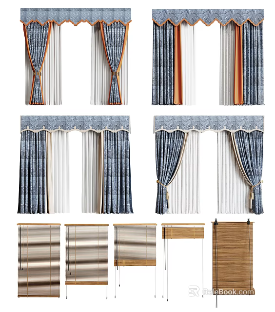 Various Decorative Window Curtains With Patterned Designs Striped Fabrics And Bamboo Blinds 3d model