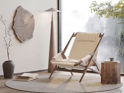 Comfortable Lounge Chair with Wooden Frame Beige Cushion by Window Natural View and Floor Lamp 3d model
