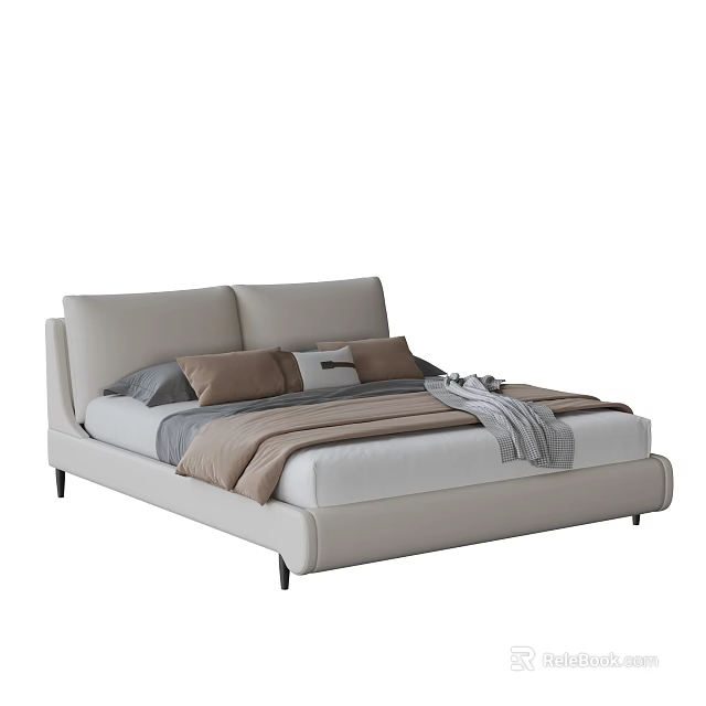 Modern Light Gray Leather Double Bed With Gray Pillows And Soft Blanket 3d model