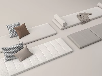 Multiple Fabric Mattresses With Decorative Pillows And Folded Blanket In Neutral Tones 3d model