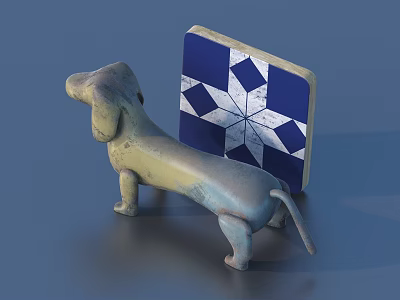 Decorative Ornament Set With Dog Figurine And Blue White Star Pattern Square 3d model