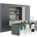 Modern Kitchen Dining Table With Marble Countertop Gray Cabinets And White Chairs 3d model