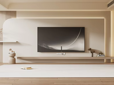 Modern Minimalist TV Wall Design With TV Stand Soft Lighting And Decorative Ornaments 3d model