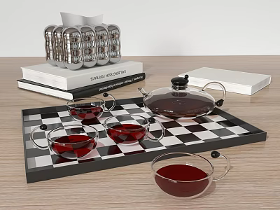 Elegant Glass Tea Set with Teapot Teacups on Checkerboard Tray and Books 3d model