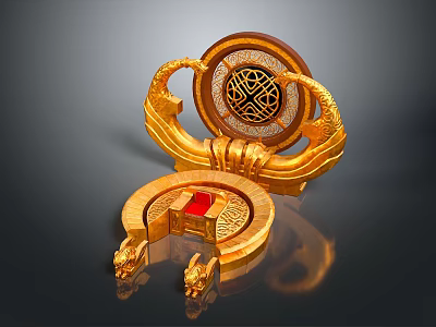 Golden Traditional Decorative Ornament With Dragon Shaped Design Circular Plate And Red Gemstone 3d model