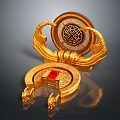 Golden Traditional Decorative Ornament With Dragon Shaped Design Circular Plate And Red Gemstone